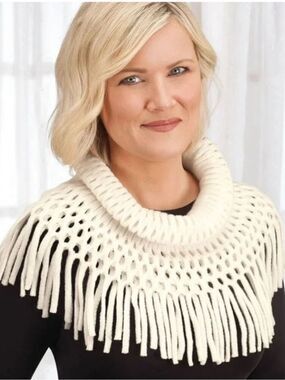 Britts Knits Open Weave Ivory Infinity Scarf with Fringe